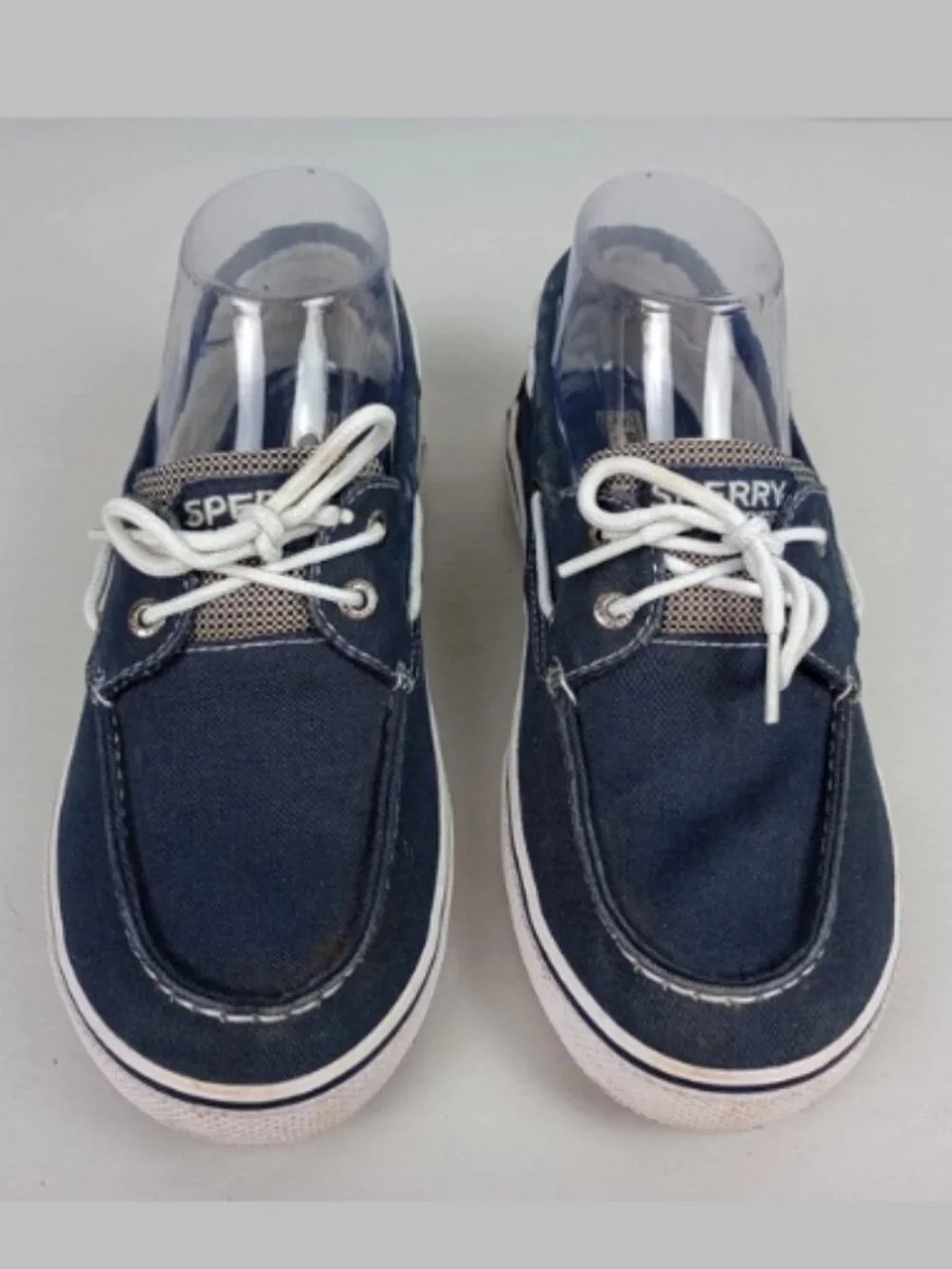 Sperry Top Sider Halyard Mens‎ 4M Blue Canvas 2 Eye White Tie Slip On Boat Shoes